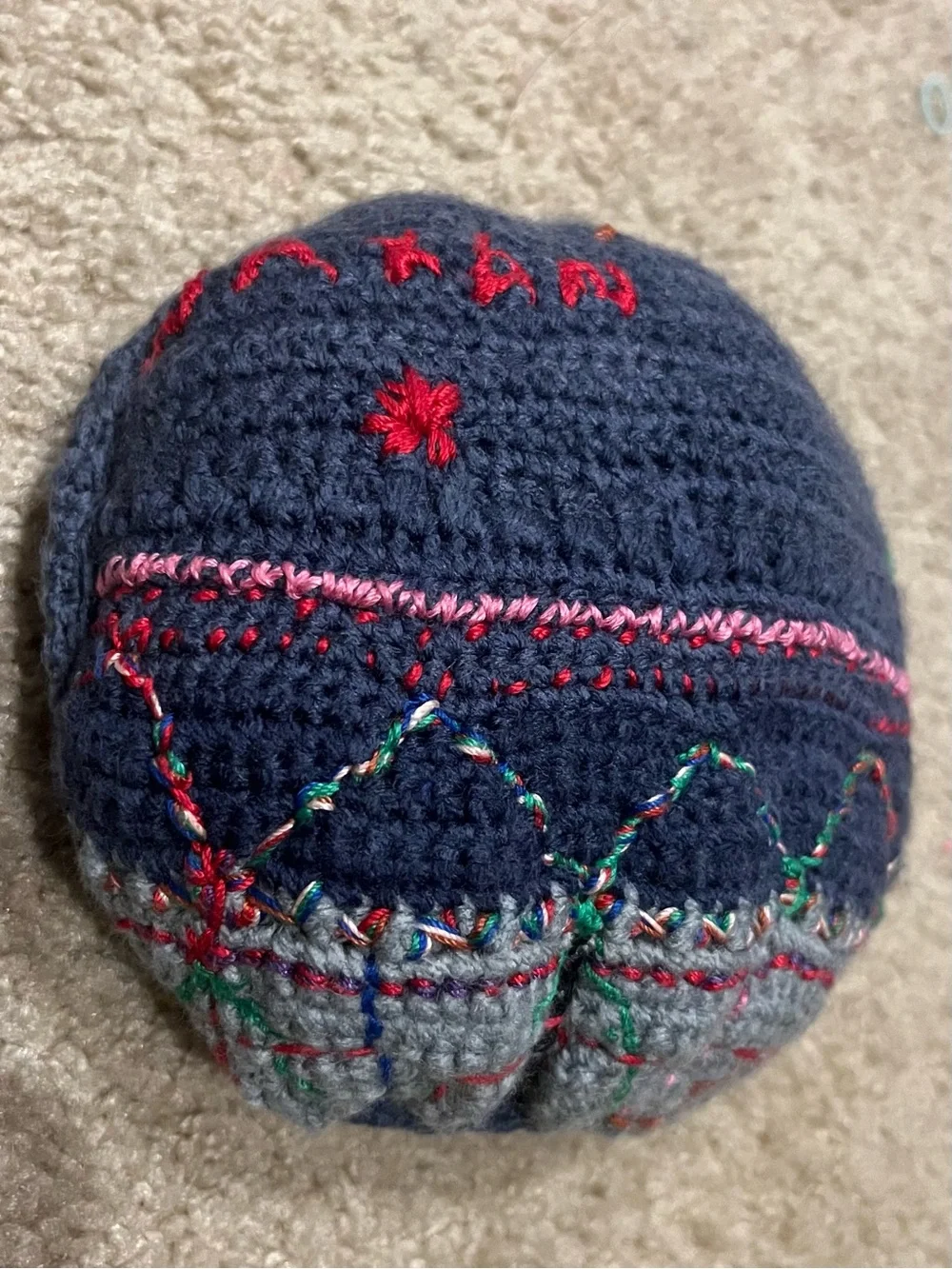 Handmade Crocheted Round Decorative Pillow – Embroidered Folk-Art Design